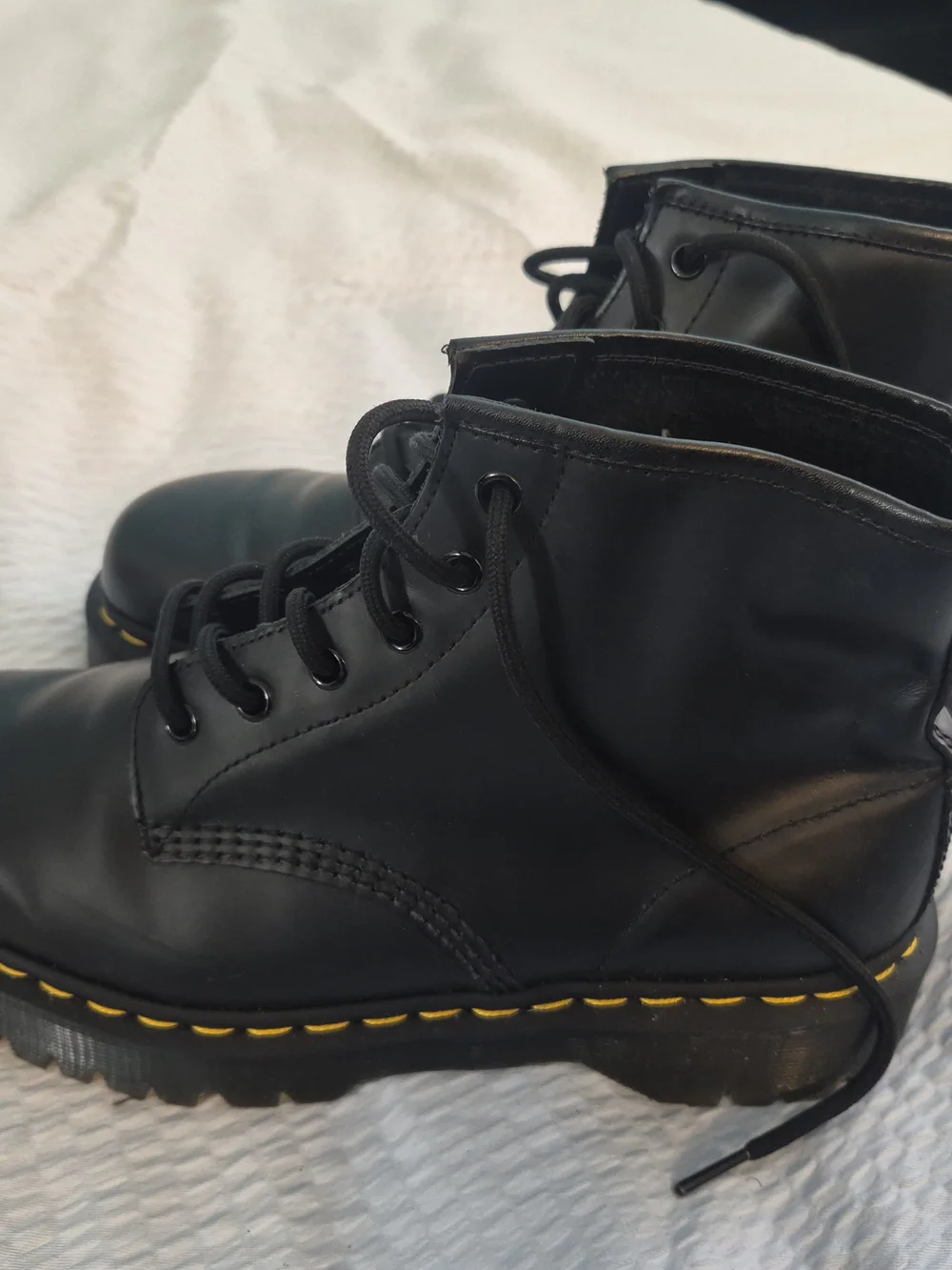 Men's Dr. Martens Black Leather Lace-Up Boots with Yellow Stitch Detail